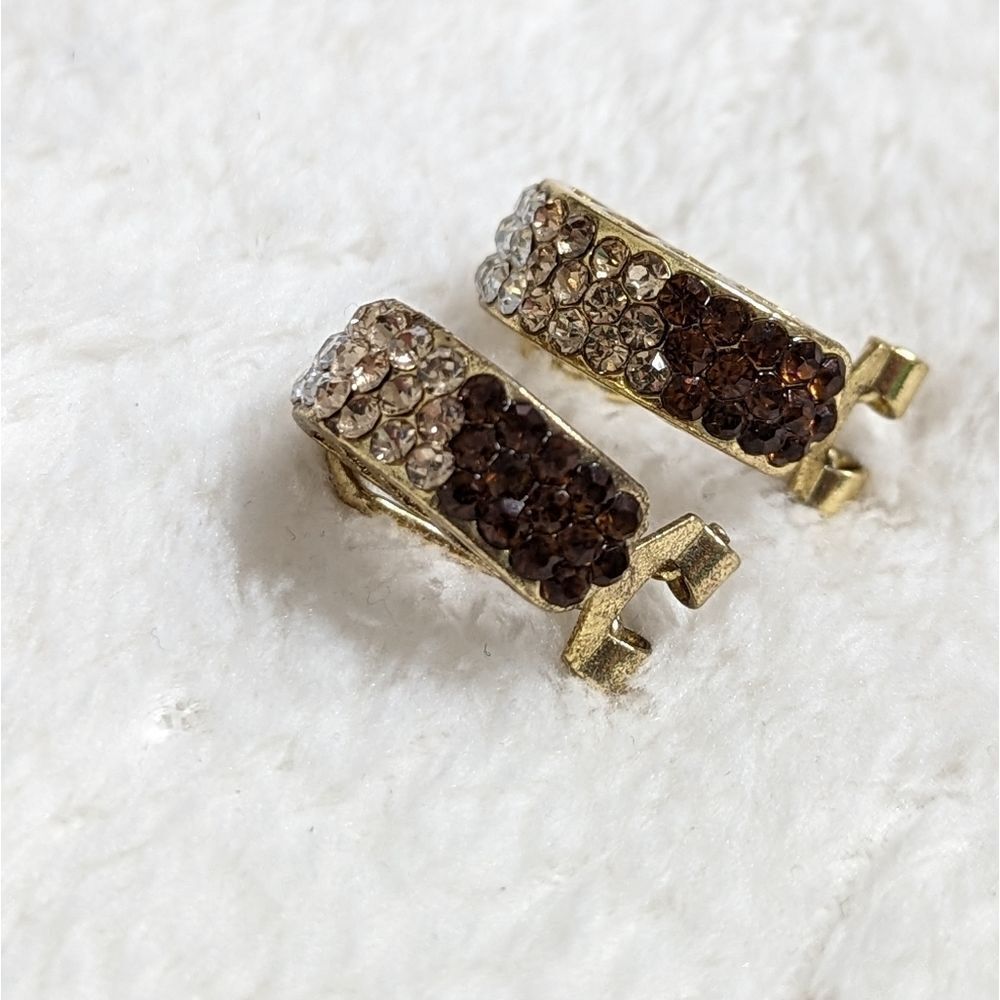 Vintage Tri-Colored Rhinestone Half Hoop Pierced Earrings - Picture 5 of 9